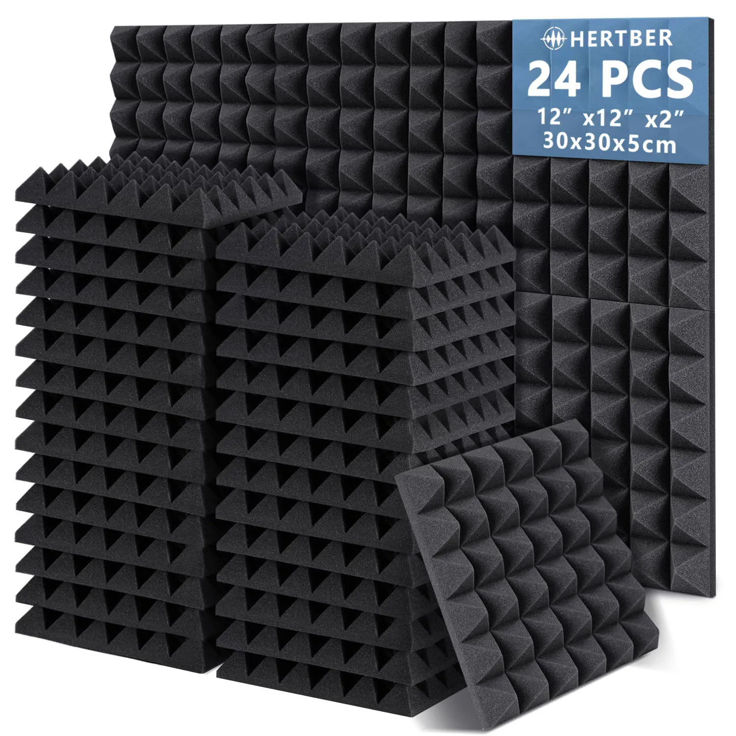 24Pcs Black High Density Acoustic Pyramid Foam Panels 30×30×5cm Sound Absorbing Panels For Recording Studio Music Room Band Rehearsal Room Meeting Room Office Bedroom Living Room Wall Decor Acoustic Treatment Panels