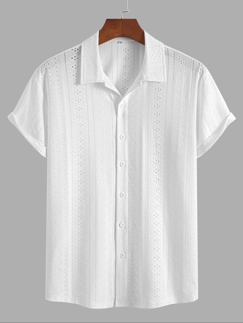 Men's Plain Hollow Out Short Sleeve Button Down Shirt, Regular Fit Casual Solid Shirt Collared Top for Summer, Fashion Men's Clothes for Daily Wear, Menswear, Casual Everyday Wear, Casual Trendy Shirt