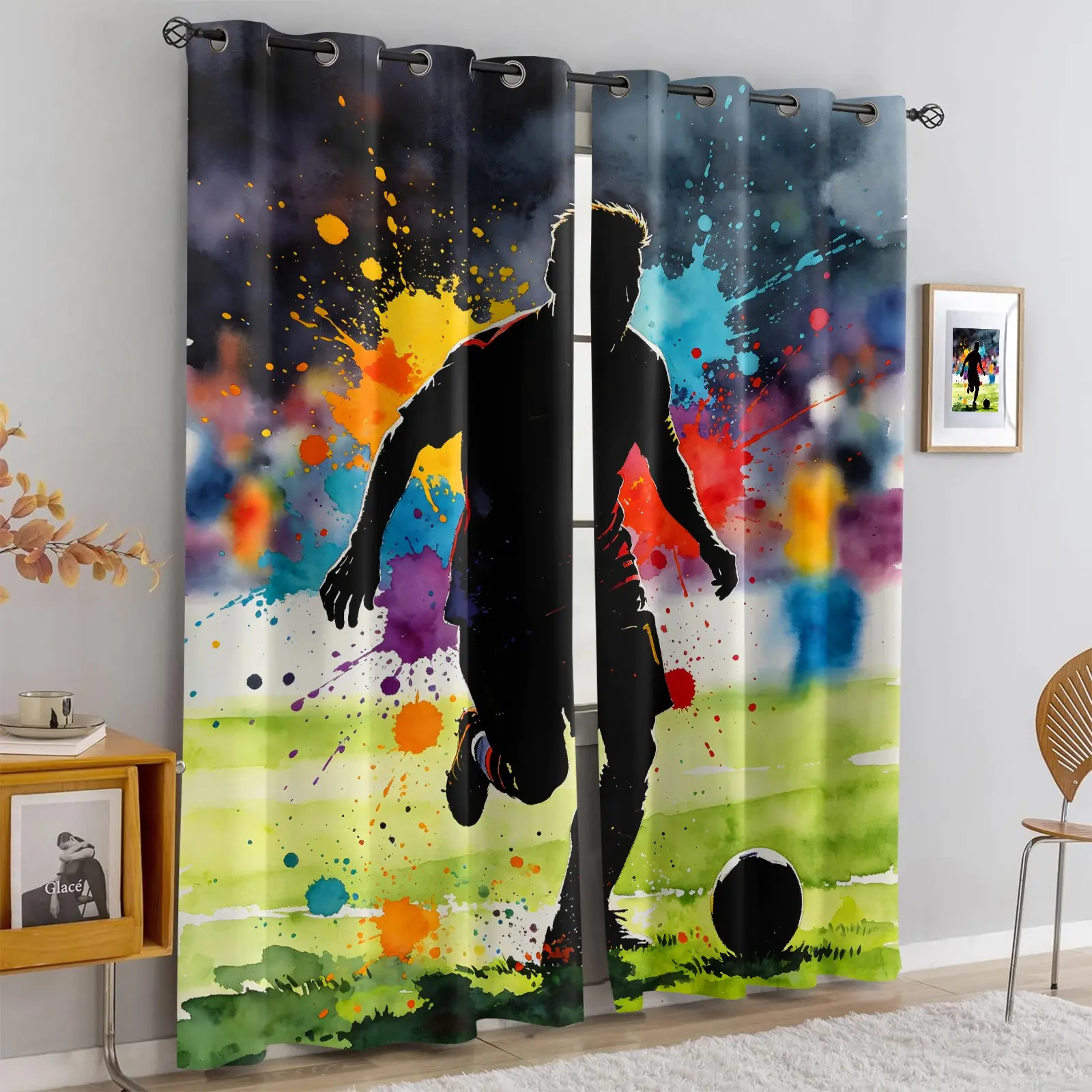 2Pcs Watercolor Splash Soccer Curtains, 85% Blackout Blocks Light, Energy Efficient Noise Reducing, Rod Pocket, Perfect for Soccer Fans' Immersive Game Watching Space