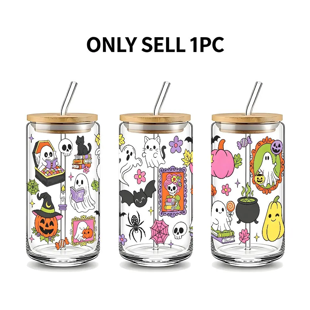 Cute Doodle Ghost Cat Pumpkin Theme 16oz Glass Can Cup with Lid and Straw, Reusable Glass Drinking Cup, High-Quality Glass Jar for Iced Coffee, Hot Chocolate, Juice, Cold Drinks, Sweet Spooky Fall Aesthetic Glassware, Perfect Gift for Halloween