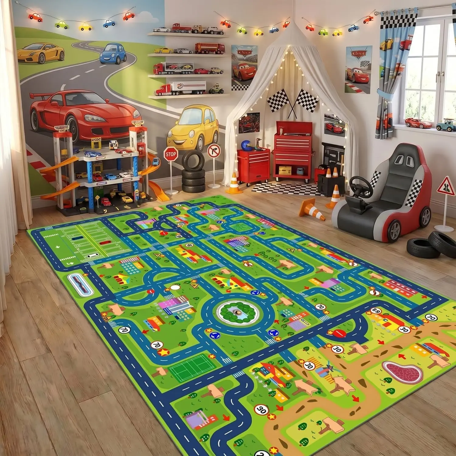 Colorful Car-Themed Single Rug, 59"x39.4" Non-Slip Road Map Area Rug - Soft Pile Surface, Non-Slip Backing, Indoor Furniture Floor Mat