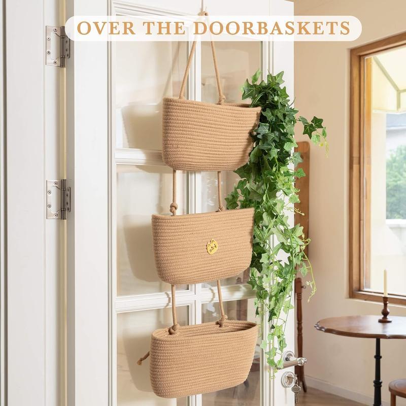 Woven cotton 3-Tier Over the Door Basket, Wall-Mounted Jute Storage Organizer – Decorative Nursery Baskets, Perfect for Busy Mom/Dad to Store Diapers & Toys small basket Gift Hook laundry basket house organizers