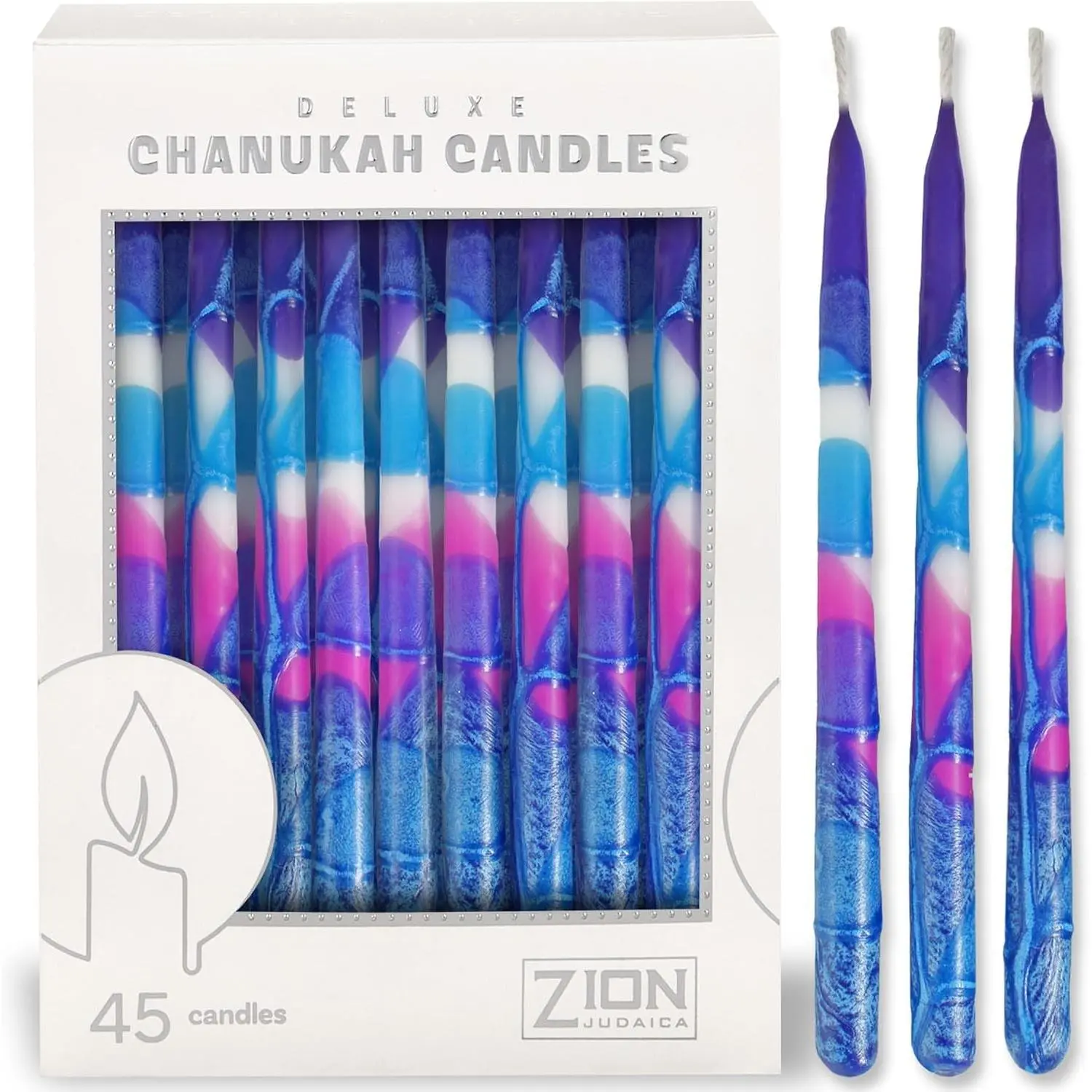 Purple & Pink Hanukkah Candles Set of 45 Multi-Hued Frosted Thin Tapered Chanukah Candles 1 Hour Burn Time with DIY Dreidel & Candle Lighting Blessings