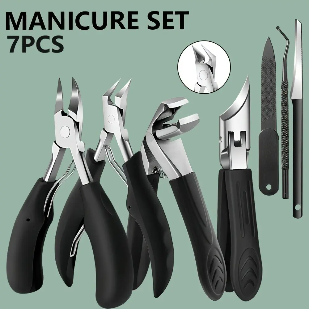 7 Piece Professional Manicure Tool Kit, Dual Claw Ingrown Nail Clippers, Thick Nail Trimmers, File, Dead Skin Remover, Home Foot Care Set