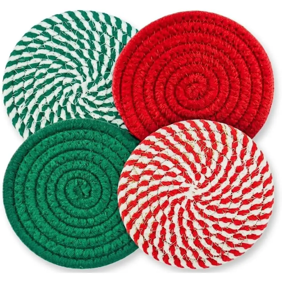 4.8 Inch Drink  Coasters Set of 4,Large Absorbent  Woven Coaster for Water Condensation, Fabric Coaster for Coffee Cups to Decor Table and Desk, Christmas Housewarming  in Red&Green