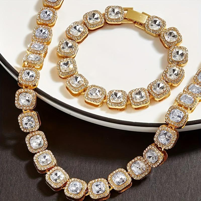 12mm Ice Cube Square Tennis Chain Long Stick Long Stick Chain Cubic Zircon 1 Row Cluster Artificial Diamond Tennis Necklace Bangle Hip Hop Jewelry for Men Women