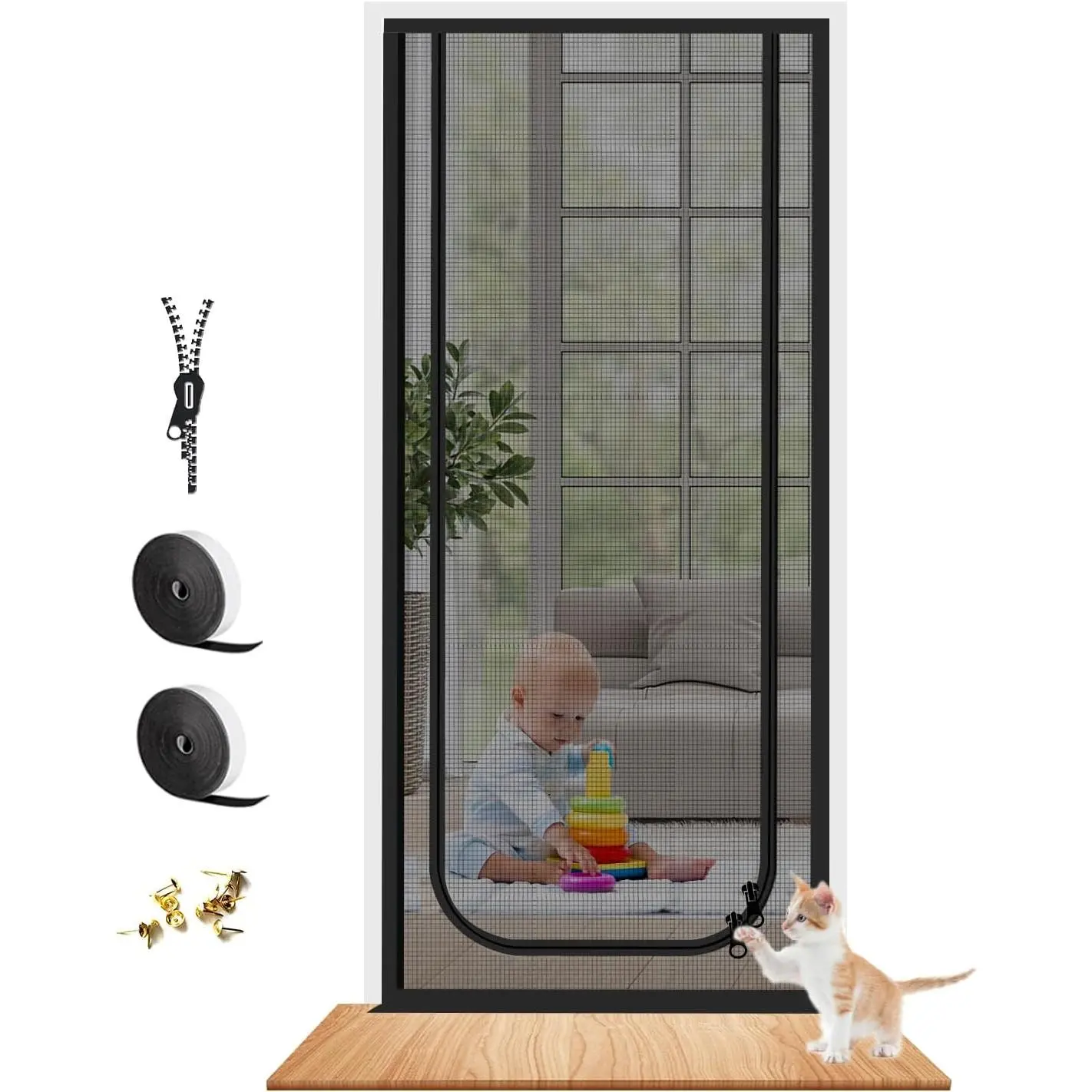 Screen Door Thickened  Resistant Mesh Screen Door for Living Room, Bedroom, Kitchen, Patio,   Scratch Proof Screen with Zipper Closure (Fits Door Size up to 35''x 80'', Black)