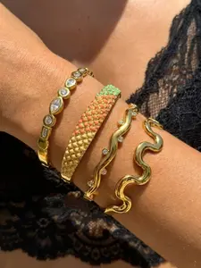 4-Piece Enamel Wave Rhinestone Stainless Steel Bracelet Set, Waterproof Open Cuff Stackable Wrist Jewelry, Luxury Office Accessory