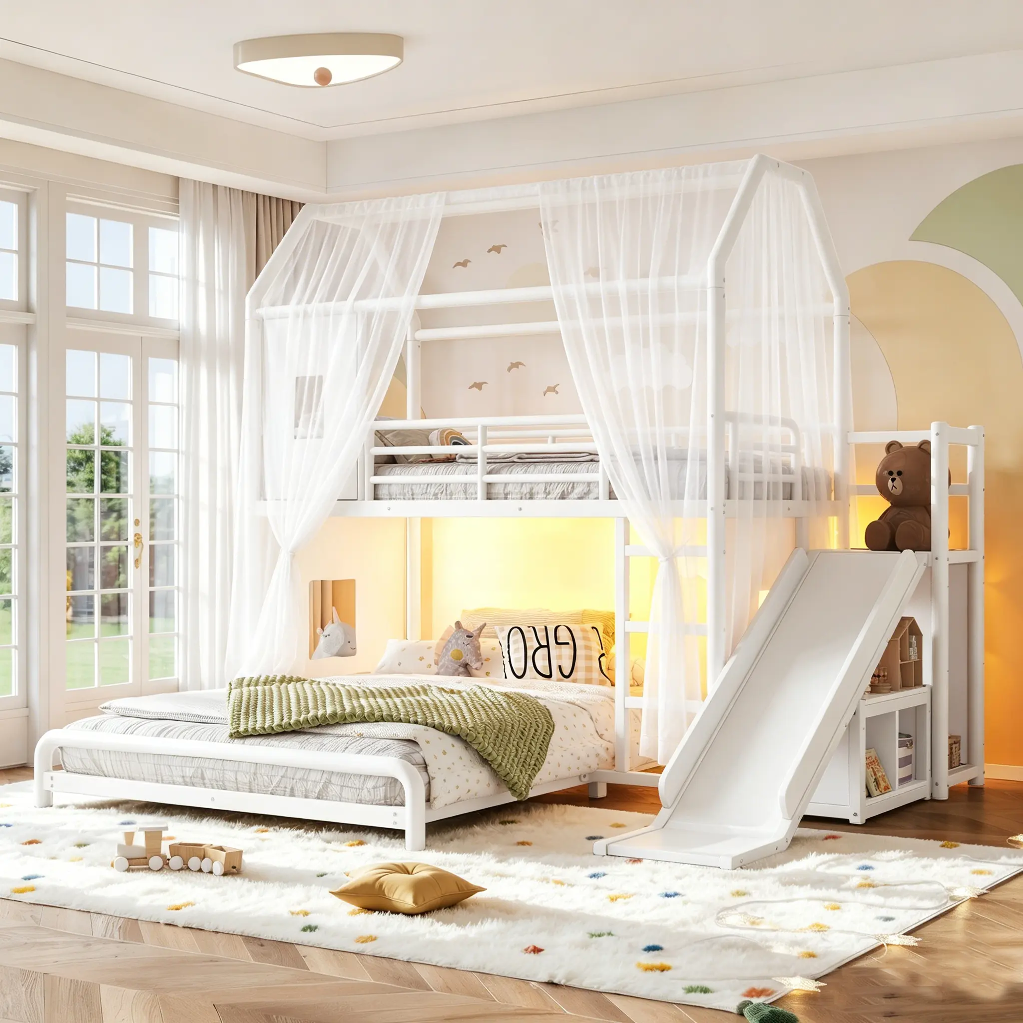 ARCH House Shape Twin-Full Metal Bunk Bed Set with Slide & Ladder, LED Light Strip, Privacy Curtain, Movable Storage Cabinet & Hanging Rod, Antique White, MDF+Metal, No Box Spring Needed, for Kids Bedroom