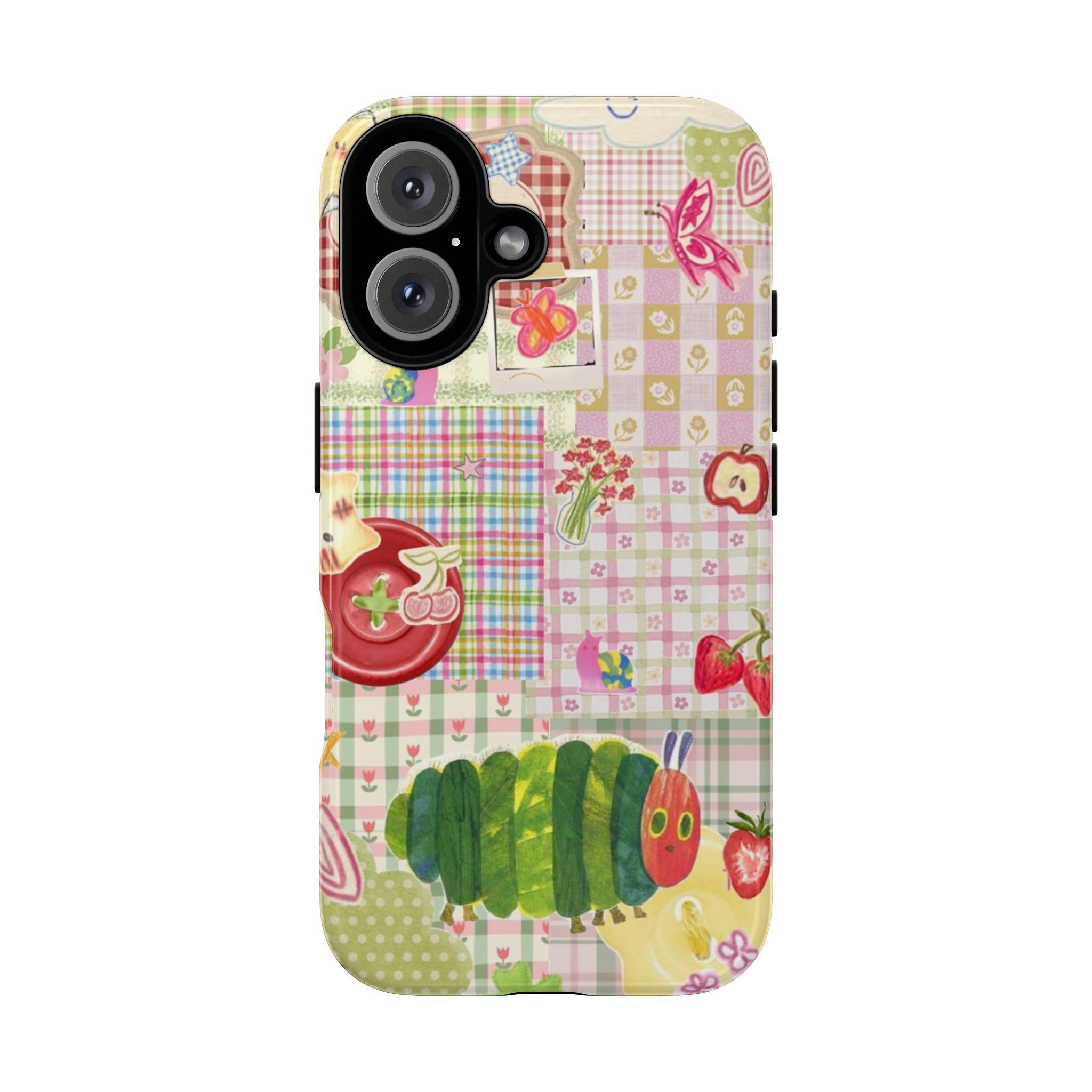 Cute Green Gingham Tough Phone 17 Pro Max Plus Air/16/15/14/13/12/11Case – Patchwork Caterpillar Ladybug Strawberry Aesthetic Protective Cover for Phone