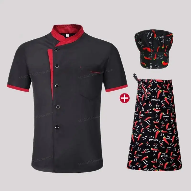 Summer Chefs Short Sleeve Set Restaurant Hotel Kitchen Workwear Men Breathable Thin Chef Jacket Apron chef coat with hat Women