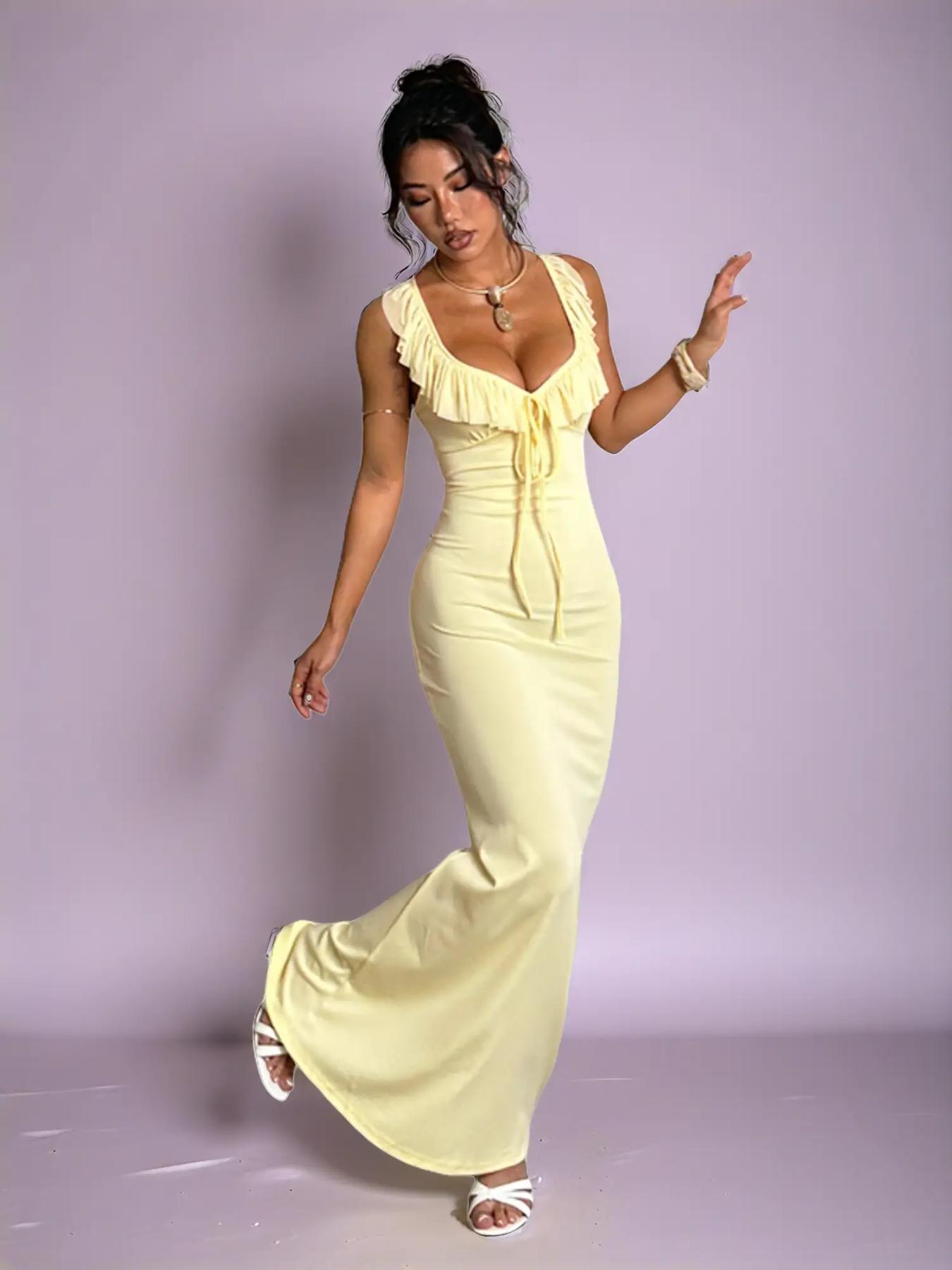 Wowdark Plain Slim-Fitting Backless Dress, Elastic Waistband Design, Sexy Style, Perfect for School & Casual Wear