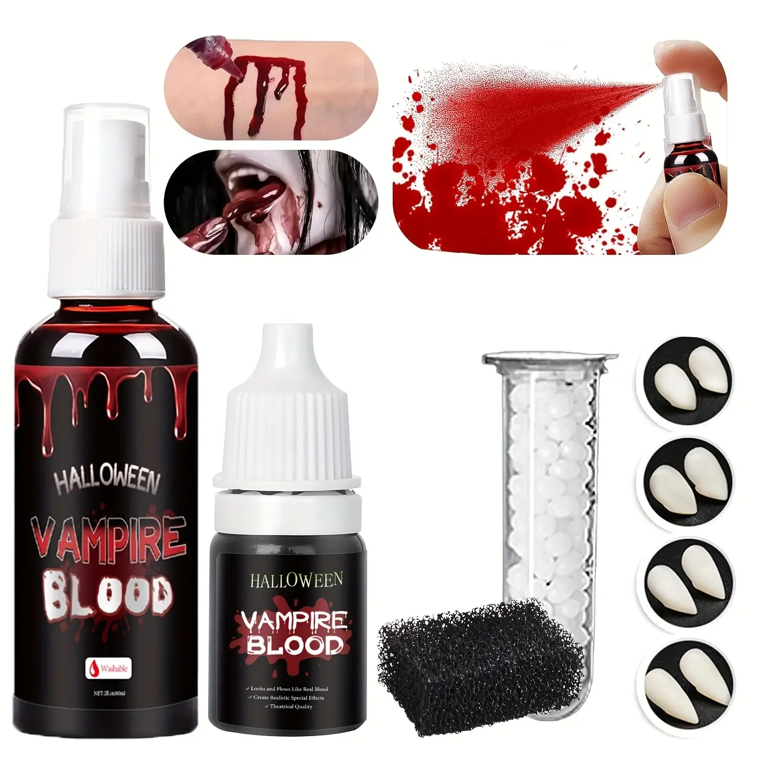 Halloween Makeup Special Effects Makeup with Wax, 1 Sponges, Fake Blood Spray & Gel, Vampire Teeth, Perfect for Halloween Face Paint, SFX Makeup Kit, Clown Makeup Kit, Wax Makeup, Vampire Makeup Kit