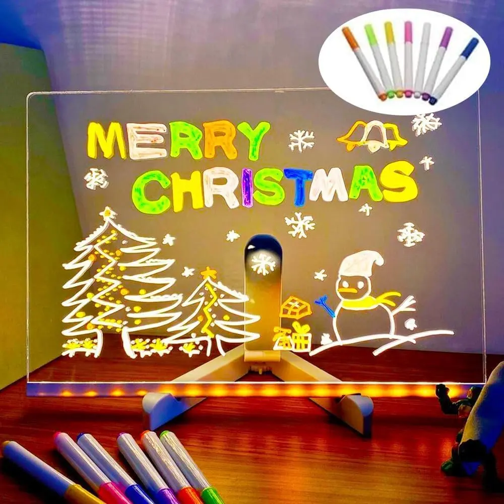 Children LED Drawing Board, Reusable Glow-In-The-Dark Sketch Pad, 7 Colors, Erasable, Night Light, Birthday Gift for Kids 3-12 Years