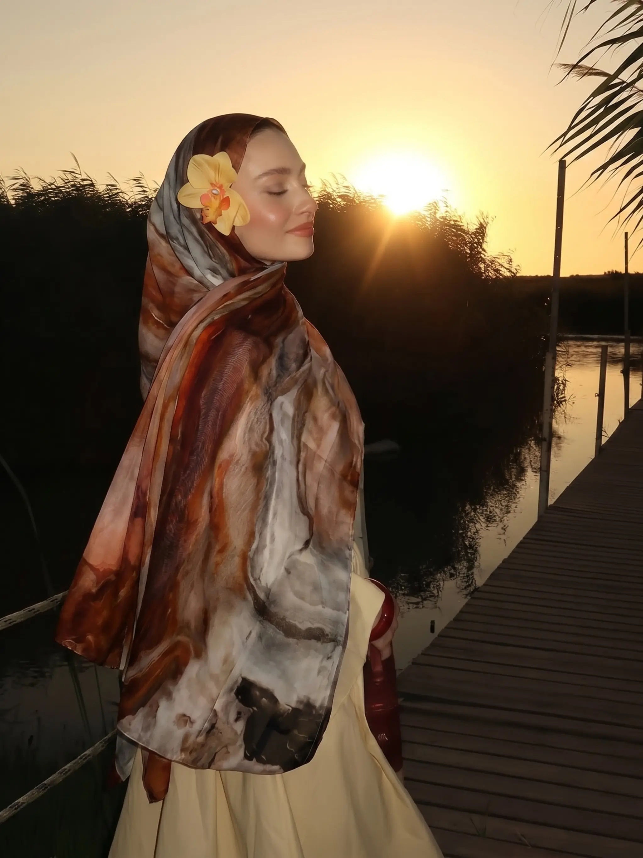 Caramel Earth Tone Marble Chiffon Headscarf, Muslim Hijab, Sunset Atmosphere Shawl, Bandana, Elegant Accessory for Women