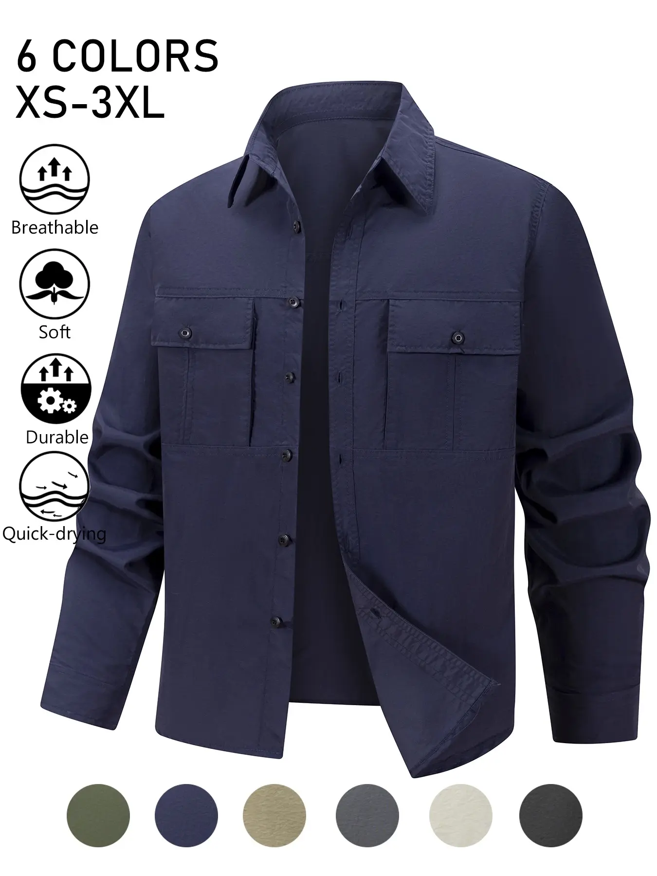 Men's Long Sleeve Cargo Utility Shacket, Lapel Collar Button Down Lightweight Work Shirt Jacket with Dual Button Flap Chest Pockets, Quick Dry Breathable Soft Durable Wear Resistant Top for Outdoor Hiking Camping Fishing Travel Daily Casual Workwear