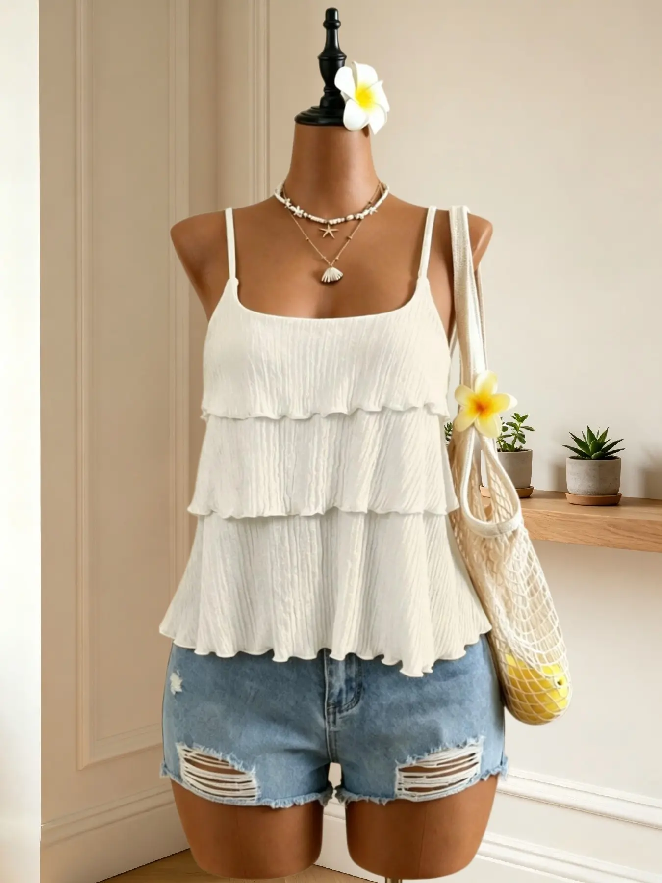 Summer Layered Halter Top with Thin Straps and Square Neck, Aesthetic Fluffy Feel for Daily Outings, Single Piece with Ruffled Design, Everyday