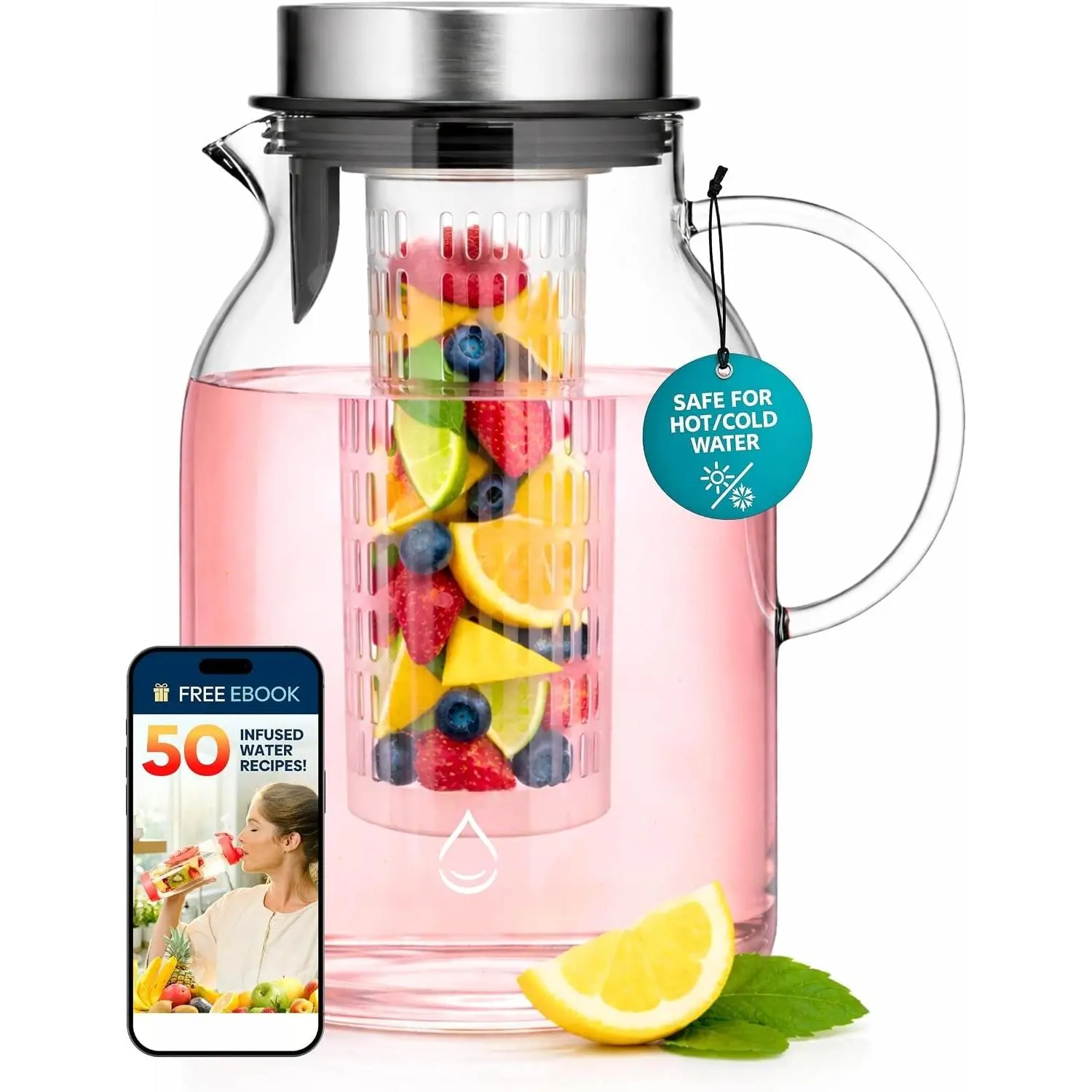 Glass Fruit Infuser Water Pitcher, Heat Resistant for Hot/Cold Use,  Iced  Pitcher | Tranquil Collection, 2 Qt