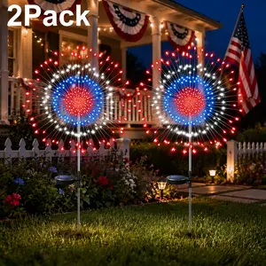 4th of July Patriotic Solar Firework Lights, 2 Pack 120 LEDs Red White & Blue with Timer & 8 Modes, IP Waterproof Outdoor Landscape Decor for Lawn Patio Garden Path