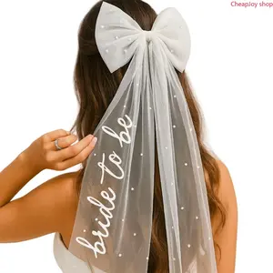 Bridal Pearl Bow Tulle Hair Clip, elegant veil style bachelorette party hair accessory, dainty pre-wedding hair decor for bridal shower gatherings, hen night events and pre-bride daily dressing styling