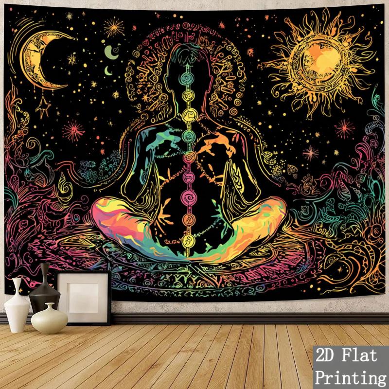A Single Piece of Colorful 2D Flat Fabric Featuring a Spiritual Chakra And Cosmic Design, Showcasing The Chakra System. This Vibrant Wall Hanging Is Perfect for Your Living Room, Bedroom