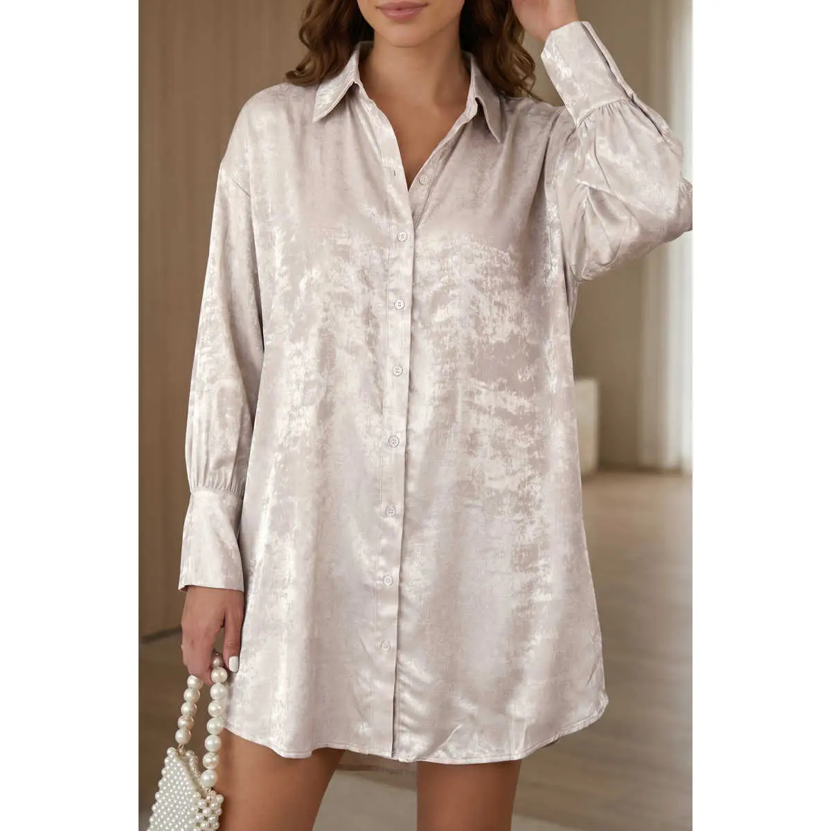 Women Solid Long Sleeve Mini Dress Elegant Collar Loose Fit Shift Dress Trendy Casual Fall Party Dress