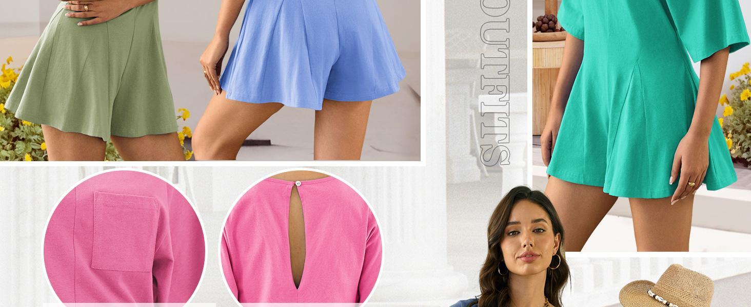Imily Bela Rompers for Women 2025 Spring Outfits Summer Casual Short Sleeve Crew Neck Loose Jumpsuits with Pocket