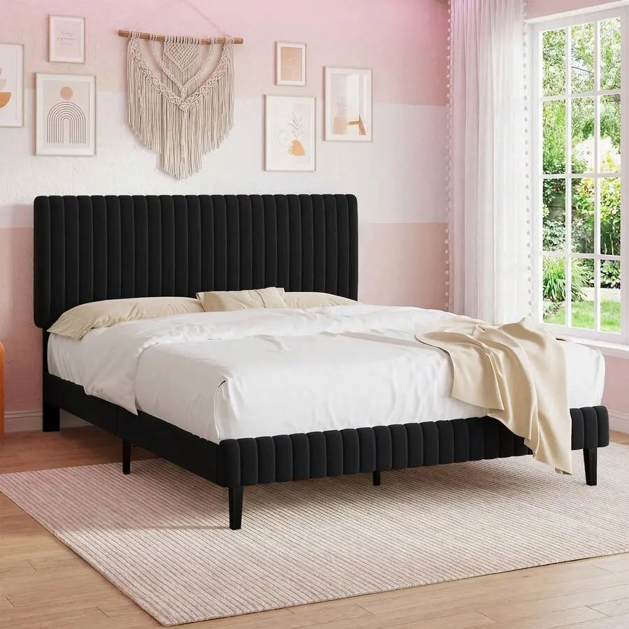 Twin/ Full/ Queen/ King Upholstered Size Bed Frame, Adjustable Velvet Headboard, Modern Bed Frame With Horizontal Channel Design, Strong Wooden Slats Support, No Box Spring Needed, Noise-Free, Easy Assembly, Twin Bed Frame Room Decor Home Decor Christmas