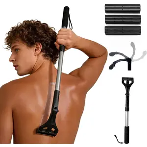 Men's Retractable Back Shaver for Back & Body Hair Removal, 180° Foldable Head, Double Sharp Blades, Ergonomic Handle, Wet/Dry Use, Silver (3 Replacement Blades Included)