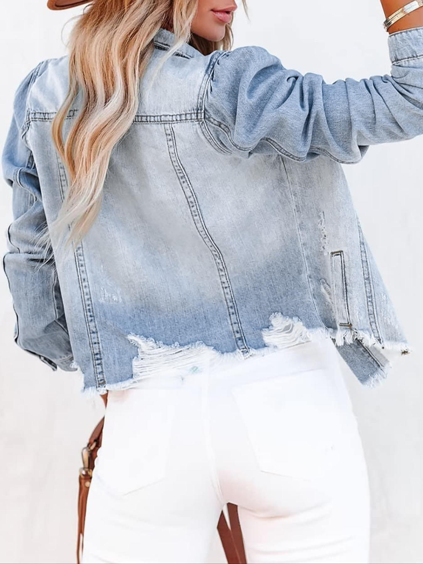 Women's Plain Ripped Raw Hem Denim Jacket, Casual Long Sleeve Button Front Fit Outerwear for Daily Wear, Ladies Clothes for All Seasons