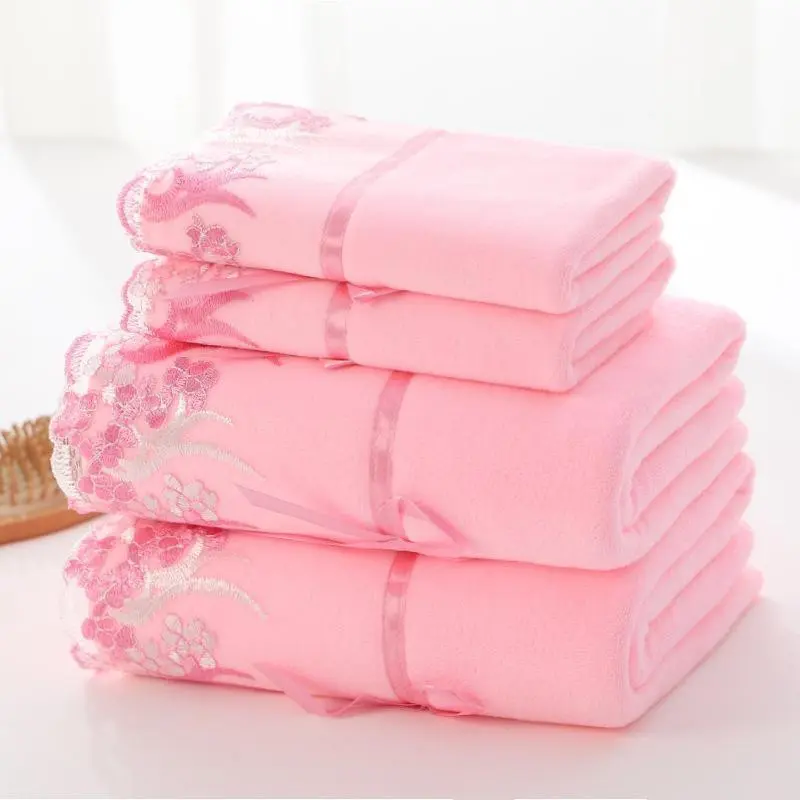 4-piece lace embroidered towel set, soft hand towel bath towel, bathroom bath towel set, bathroom absorbent towel, Decorative towels for bathroom, 2 bathroom towels and 2 hand towels, perfect Christmas home bathroom supplies