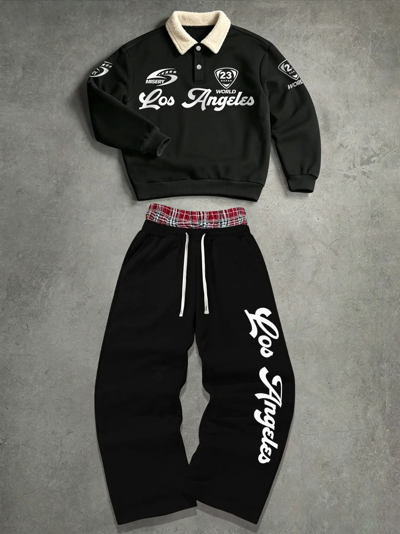Men's Los Angeles Retro Print Two-Piece Set, Polo Sweatshirt + Drawstring Wide Leg Pants, Thick Comfortable for Fall Winter