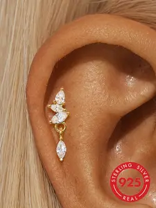 1Pc 925 Sterling Silver classic Water droplet Flat-Back Stud Earring Hypoallergenic Cartilage Helix Tragus Lobe Piercing Suitable For Women For Daily, Dates, Vacation, Wedding, Party, Holiday Gift