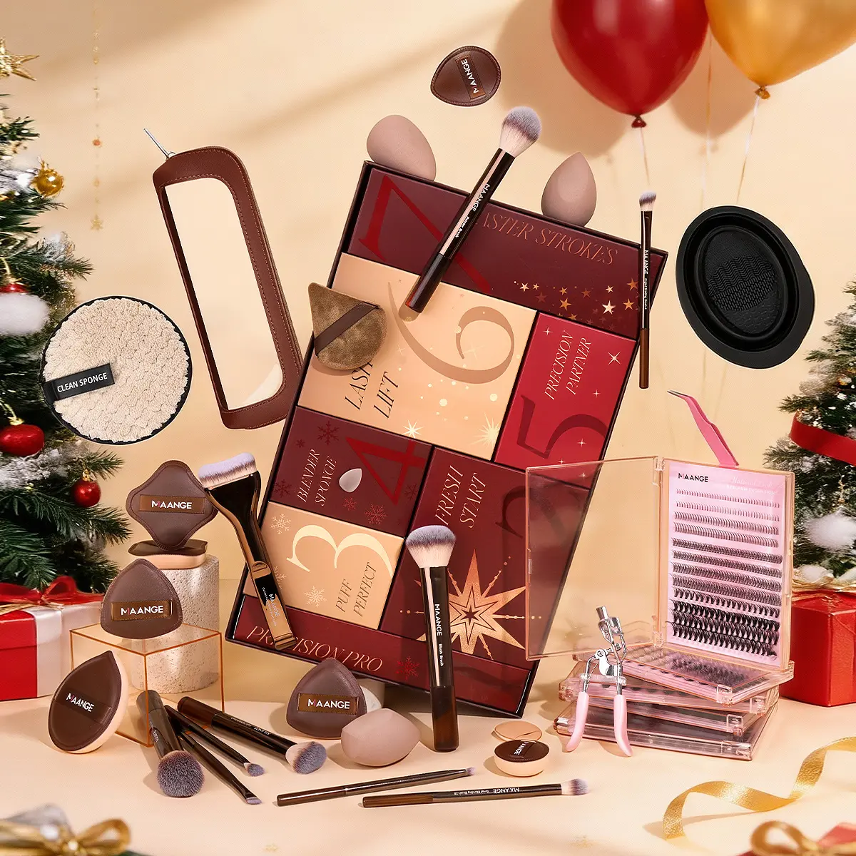 MAANGE Christmas Countdown Calendar Complete Makeup Set Gift Box Includes:  Makeup brush set Hair tie False eyelash set  Eyelash curler Tweezers Powder puff Square towel Makeup remover pad Cosmetic bag Storage box Brush cleaner Perfect gift for and girls