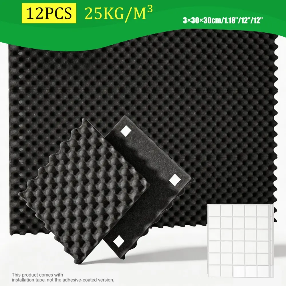 Focusound 12-Pack 12"x12" Egg Crate Acoustic Foam Panels, 1.18in Thick High-Density Sound-Absorbing Foam, Quick Rebound Noise Control for Home Studio, Gaming Room
