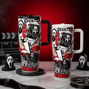 1pc 40oz Horror Movie Ghostface Tumbler, Scary Slasher Collage Travel Mug, Gothic Halloween Coffee Cup, Horror Fan Gift for Women Men