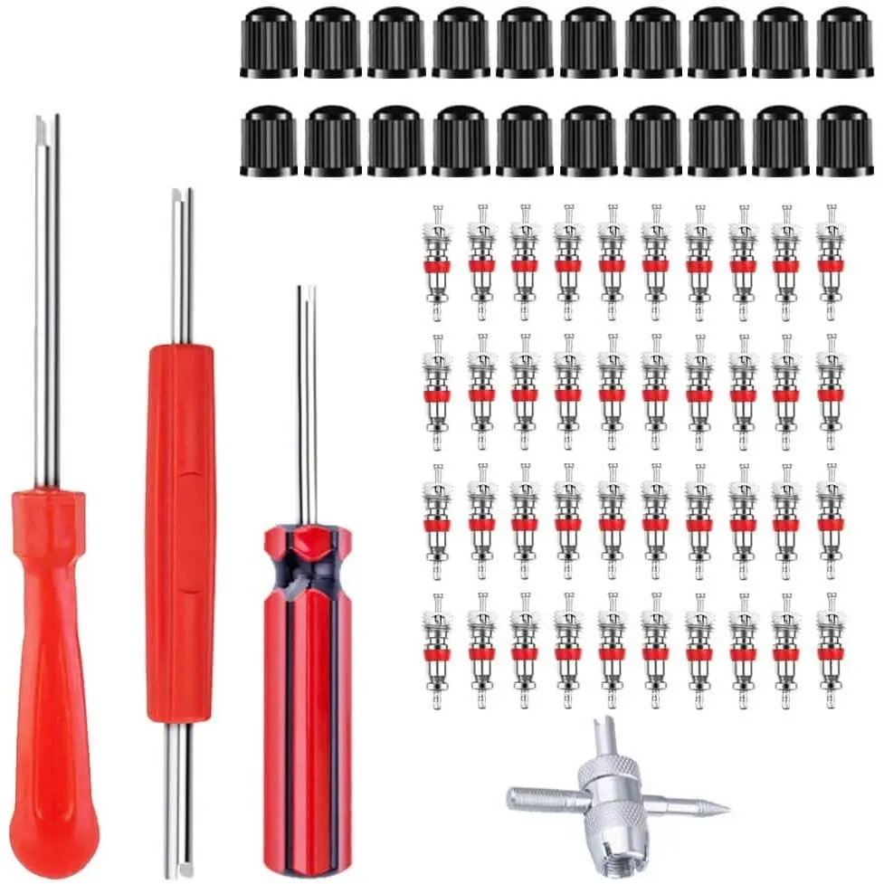 64Pcs Tire Valve Stem Removal Tool Kit for Cars, Trucks and Bikes| Includes 40Pcs Valve Cores, 20Pcs Valve Caps, 4-Way Valve Tool, Valve Core Remover Tool, Tire Repair Schrader Valve Tool