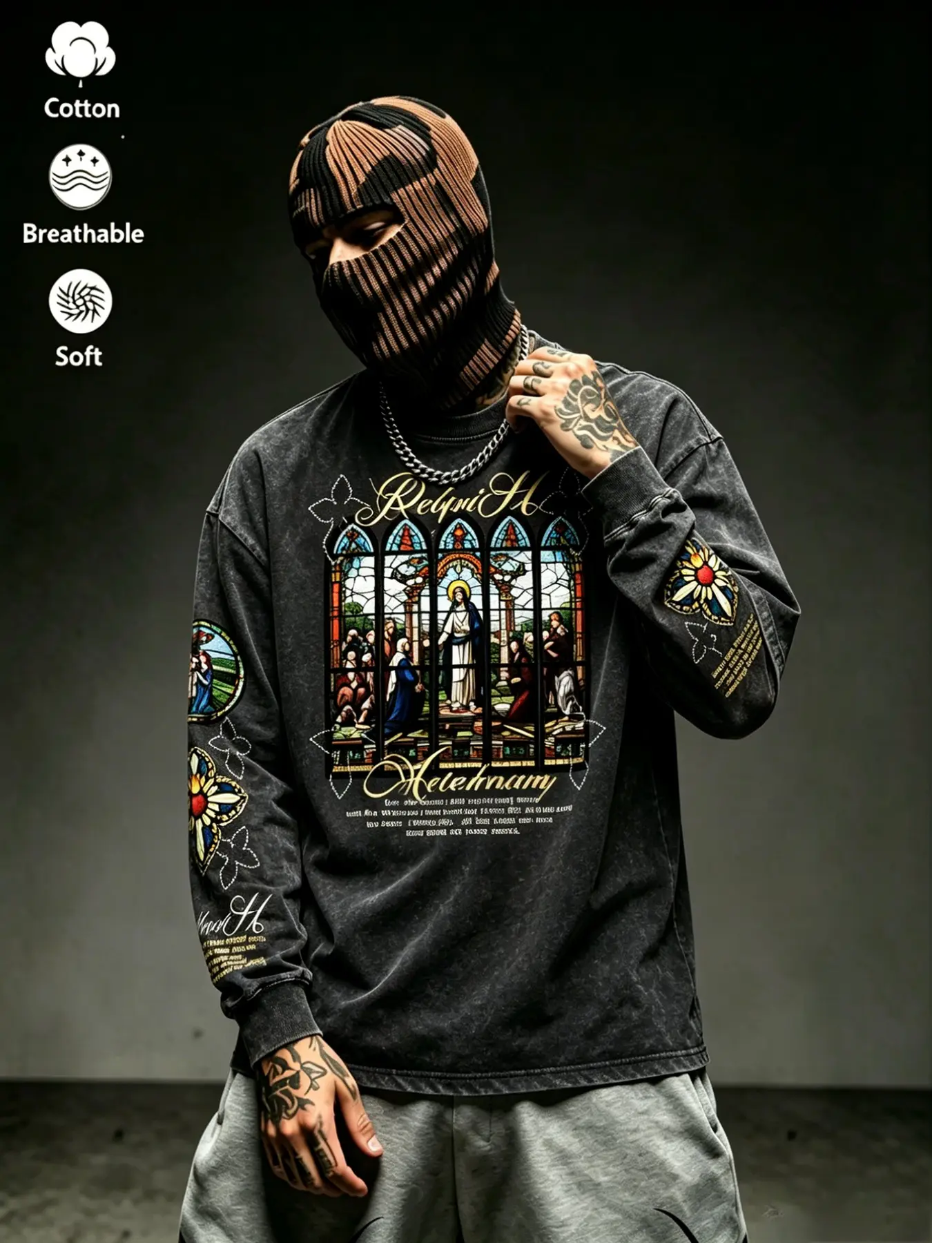 Vintage Washed Gothic Church Colorful Glass Religious Floral Full Sleeve Print 100% Cotton Loose Long Sleeve T-Shirt