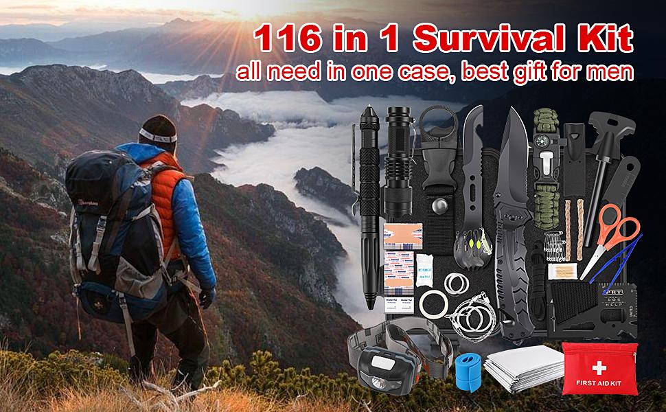 Survival Kits, Survival Gear and Equipment 116-in-1, Emergency Kit with First Aid Kit, Tactical Pen, Fishing Kit, Headlamp for Camping, Hiking, Hunting, Gift for Mens
