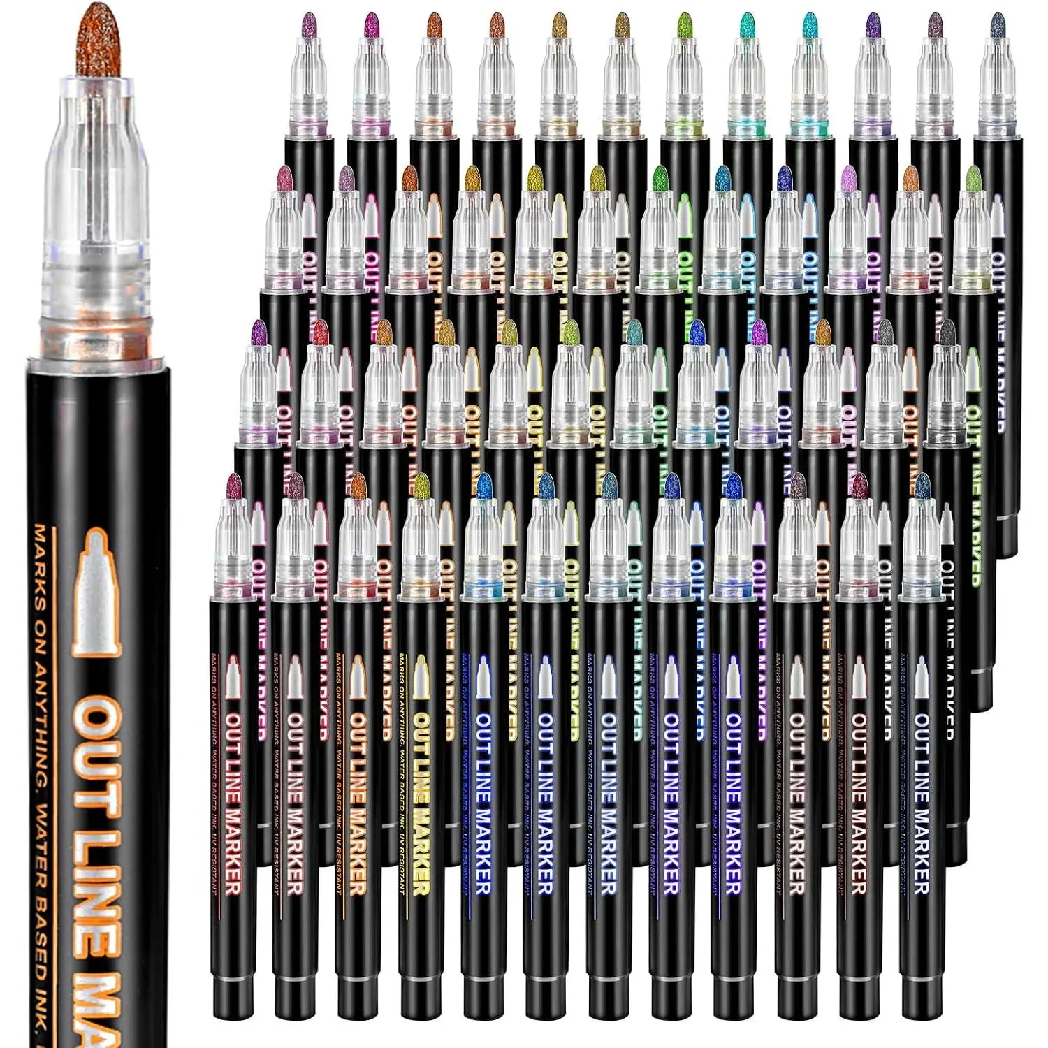 48 count Outline Shimmer Markers Bulk, Double Line Shimmer Metallic Marker Pens for Painting Coloring, Self-Outline Glitter Squiggles Drawing Pens for Christmas Greeting Cards Crafts Gifts