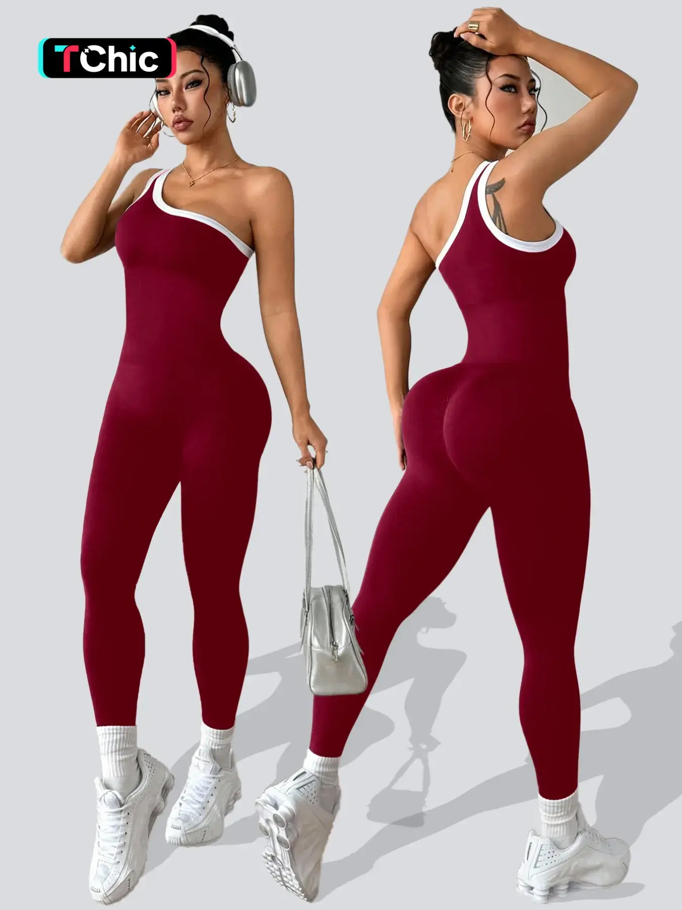Women's Colorblock Asymmetrical Neck Sleeveless Knit Yoga Jumpsuit, Stretchable Activewear, Stretchy Jumpsuit, Sportswear Jumpsuit, Casual Slim-Fitting All Seasons