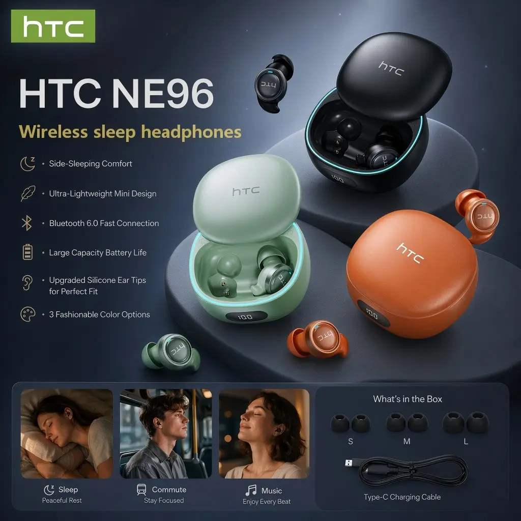 HTC NE96 Wireless Bluetooth Headphones Bluetooth 6.0 High Resolution Sound AI ANC IPX5 Waterproof Mini In-Ear Sleep Earbuds 80H Playtime Sport Sweatproof Earphones