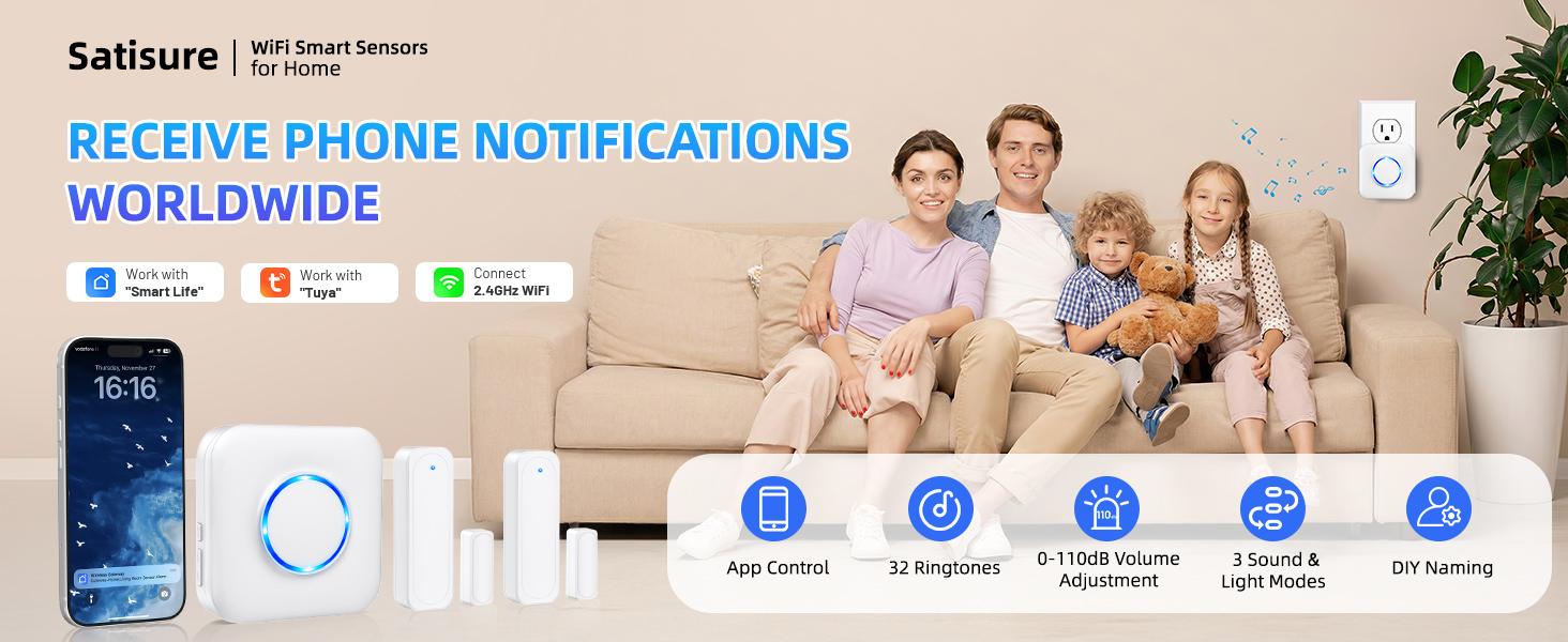 WiFi Door Sensor Chime, Smart Door Open Alert Window Sensor for Business/Home/Kids Safety, Real-Time App Notification, 500ft Range, 32 Melodies, 5 Volume Levels, Window Contact Sensor Alarm Kit