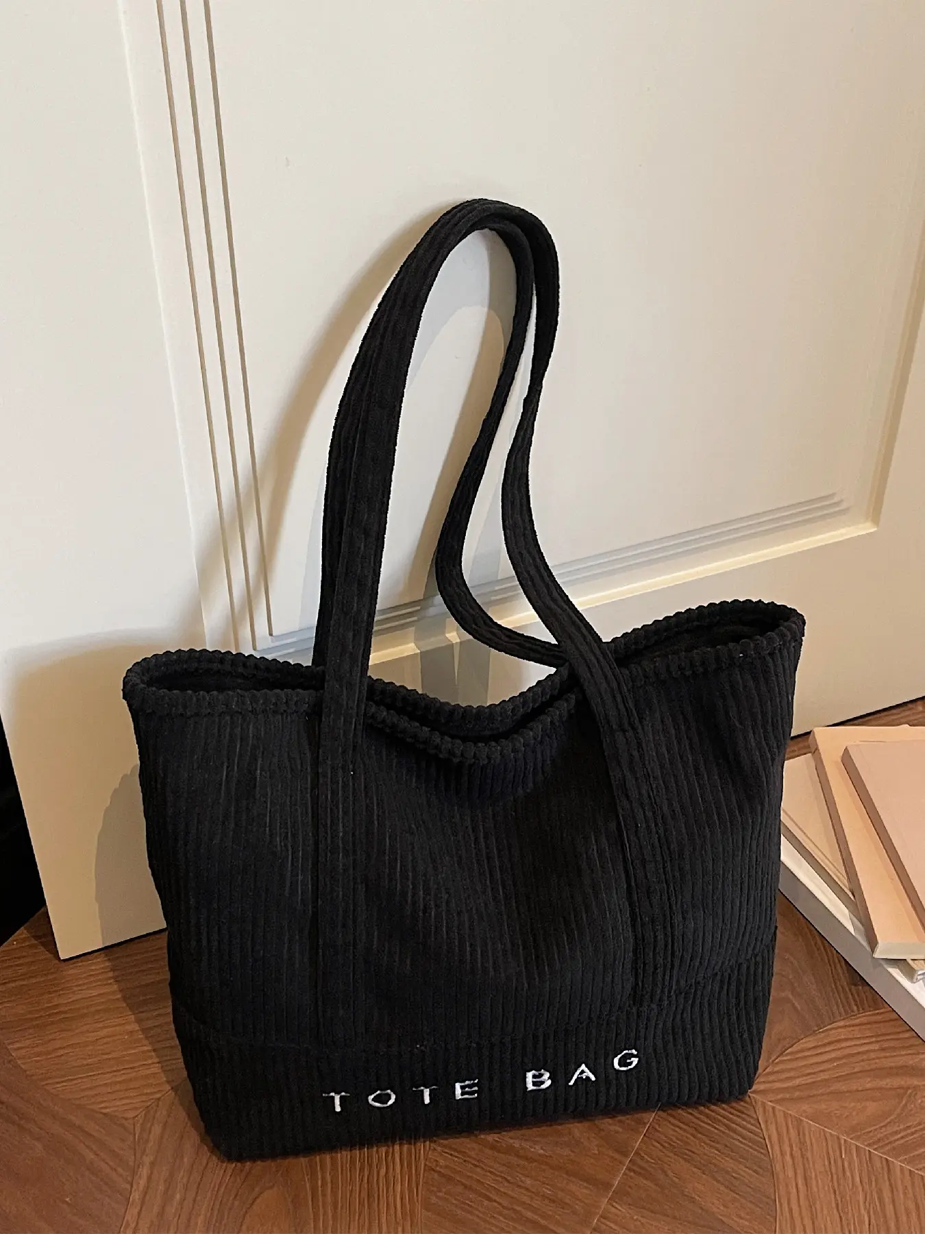 Women's embroidered letter corduroy tote bag, large capacity shoulder bag, casual and fashionable daily shopping commuting bag, Casual commuter bag, available in multiple colors