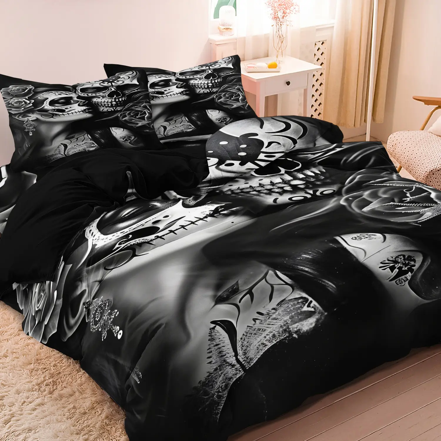 3Pcs  Skull & Rose Print Duvet Cover Set, Dark Gothic Tattoo Style Microfiber Printed Bedding Set, Bed Covers For Family Bedrooms Dormitories Hotels (1 Duvet Cover + 2 Pillowcases No Comforter No Pillow)