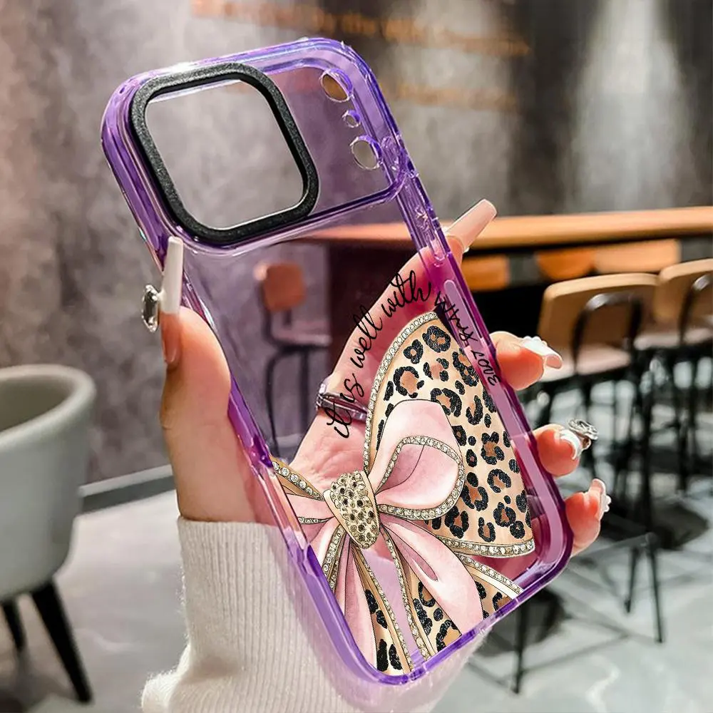 Leopard Print Bow Pattern Phone Case for iPhone 17 Pro Max Air 16 Plus 15 14 13 12 11 Non Slip TPU Soft Shell Non-Yellowing Shockproof Clear slim Protective Softcase Rugged Durable Back Cover, Advanced fashion gift
