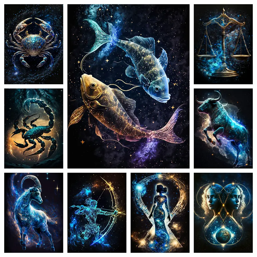 5D DIY Star Diamond Painting Cross Stitch Kit - 12 Constellations Galaxy Zodiac Signs Pattern, Full Round & Square Drill Rhinestones, Full Crafting Tool Set, Living Room Wall Decoration, Handmade Gifts for Astrology Enthusiasts, Stress Relief DIY Craft