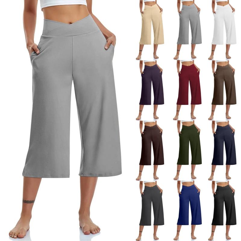 Women  Elastic High Waist 3/4 Pant Casual Active  Fit Wide Capris Leg Pants Trousers With Pockets Pants for Women Womens Pants Girl Fashion Blue Red