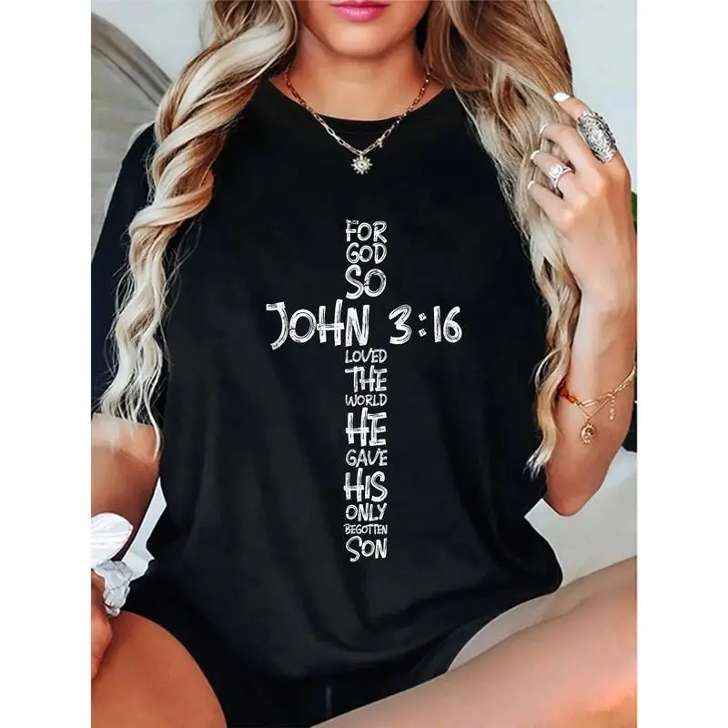 Men's Slogan Print Tops with John 3:16 Faith-Based Design, Short Sleeves, Round Neck, Medium Stretch, Machine Washable, Regular Fit, Casual Street, Drop Shoulder, John 3:16 Print, All Seasons, Streetwear, Cotton, Fabric, Menswear, Tshirt, Faith-Based Slog