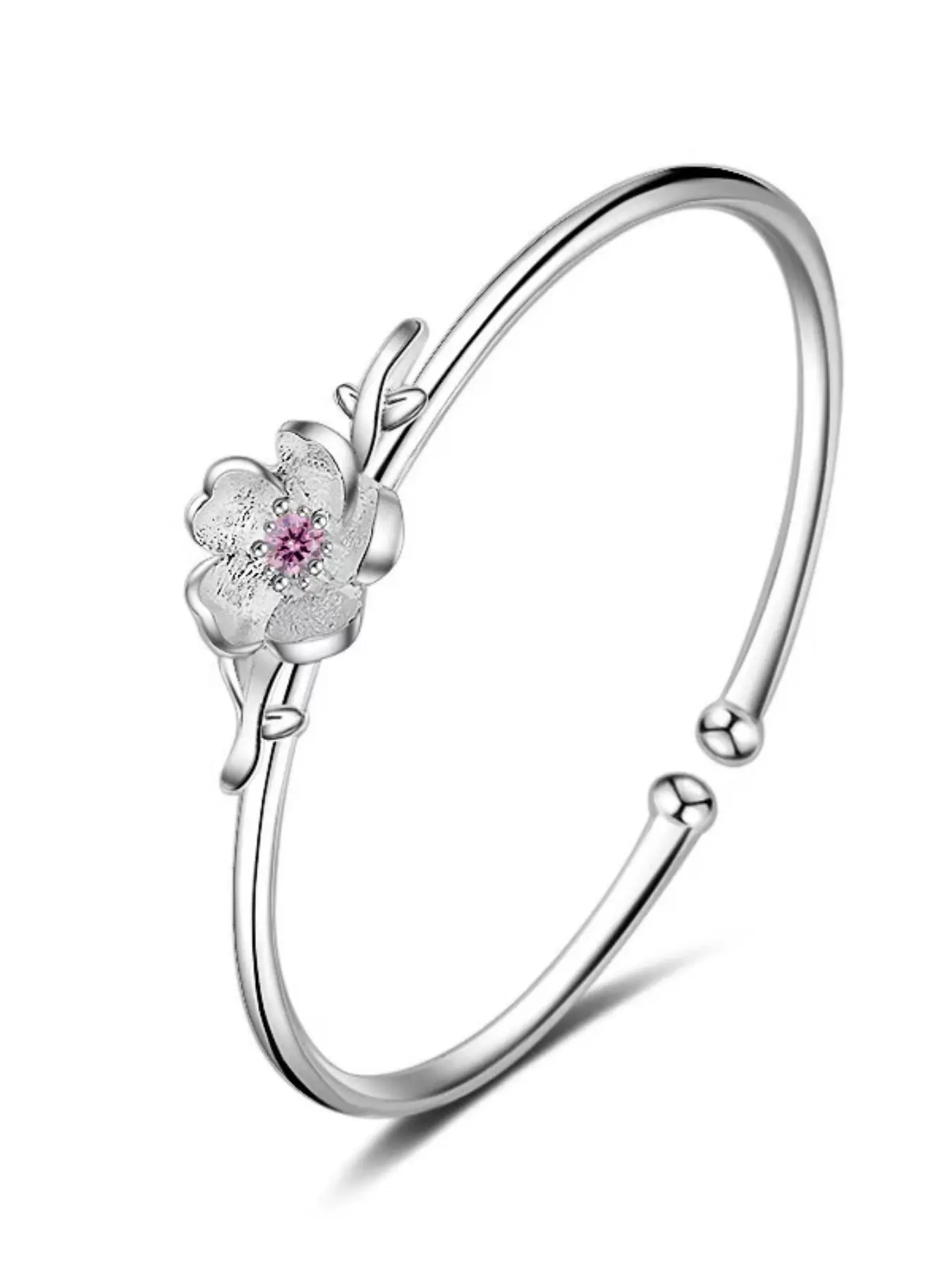 925 Sterling Silver Women's Zircon Flower Bracelet, Ethnic Style Fresh Forest Floral Open Cuff Exquisite Bangle, Fashion Jewelry for Her Beautiful Bracelets